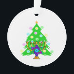 Chanukkah and Christmas Ornament<br><div class="desc">Hanukkah and Christmas together is perfect for interfaith families who celebrate both holidays. Featuring a chanukah menorah in front of a Christmas tree bringing out the spirit of the holidays.</div>