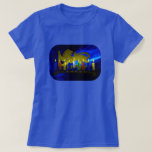 Chanukkah Brass Lion Menorah T-Shirt<br><div class="desc">Features a digital 3D reproduction of a brass, lion-themed menorah, made in Israel circa 1950, on a blue fractal background. Shown with lit candles.</div>