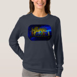 Chanukkah Brass Lion Menorah T-Shirt<br><div class="desc">Features a digital 3D reproduction of a brass, lion-themed menorah, made in Israel circa 1950, on a blue fractal background. Shown with lit candles.</div>
