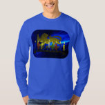 Chanukkah Brass Lion Menorah T-Shirt<br><div class="desc">Features a digital 3D reproduction of a brass, lion-themed menorah, made in Israel circa 1950, on a blue fractal background. Shown with lit candles.</div>