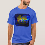 Chanukkah Brass Lion Menorah T-Shirt<br><div class="desc">Features a digital 3D reproduction of a brass, lion-themed menorah, made in Israel circa 1950, on a blue fractal background. Shown with lit candles.</div>