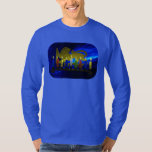 Chanukkah Brass Lion Menorah T-Shirt<br><div class="desc">Features a digital 3D reproduction of a brass, lion-themed menorah, made in Israel circa 1950, on a blue fractal background. Shown with lit candles.</div>
