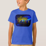 Chanukkah Brass Lion Menorah T-Shirt<br><div class="desc">Features a digital 3D reproduction of a brass, lion-themed menorah, made in Israel circa 1950, on a blue fractal background. Shown with lit candles.</div>