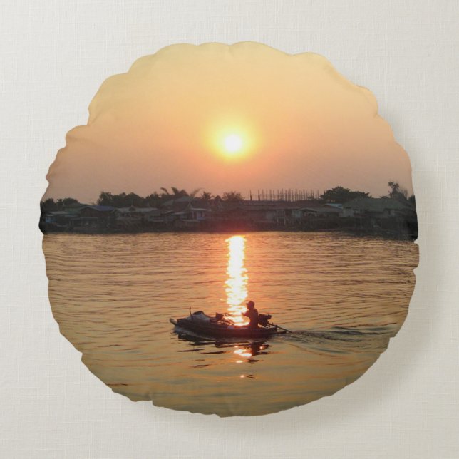 Chao Phraya River Sunset ... Ayutthaya, Thailand Round Pillow (Front)