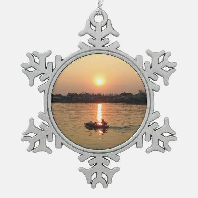 Chao Phraya River Sunset ... Ayutthaya, Thailand Snowflake Pewter Christmas Ornament (Front)