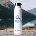 Chaos Coordinator Blue Calligraphy Script Name Water Bottle<br><div class="desc">Chaos Coordinator Blue Calligraphy Script Name Insulated Water Bottle features a simple design of the text "chaos coordinator" in a fun blue calligraphy script with your personalized name below. Perfect gift for birthday, Christmas, Mother's Day, teacher appreciation for that busy mom, teacher, sports team manager or work boss. Designed by...</div>