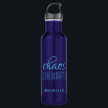 Chaos Coordinator Blue Typography Custom Name 710 Ml Water Bottle<br><div class="desc">Chaos Coordinator Red Typography Personalized Water Bottle features a simple design of the text "chaos coordinator" in a fun red  calligraphy script with your personalized name below. Personalize by editing the text in the text box provided. Perfect for that busy mom,  teacher,  sports team manager or work boss</div>