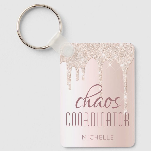 Chaos Coordinator Chic Girly Glitter Personalized Keychain (Front)