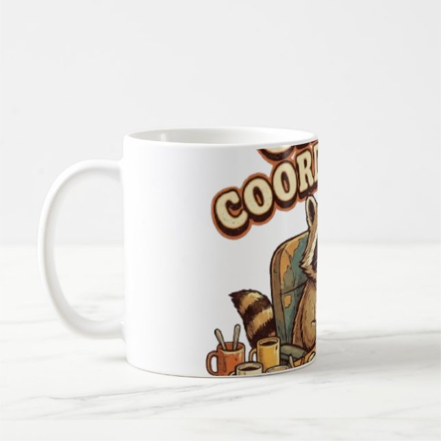 Chaos Coordinator Funny Overworked Raccoon Coffee Mug (Left)
