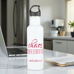 Chaos Coordinator Red Typography Custom Name 710 Ml Water Bottle<br><div class="desc">Chaos Coordinator Red Typography Personalized Water Bottle features a simple design of the text "chaos coordinator" in a fun red  calligraphy script with your personalized name below. Personalize by editing the text in the text box provided. Perfect for that busy mom,  teacher,  sports team manager or work boss</div>