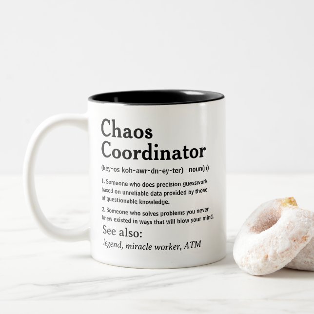Chaos Coordinator Sarcastic Definition Funny Two-Tone Coffee Mug (With Donut)