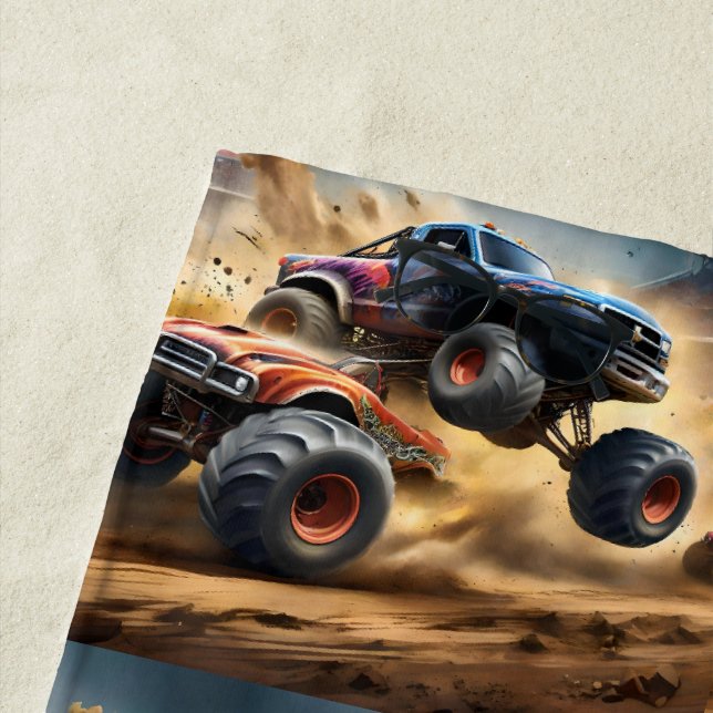 Chaos on Wheels: Monster Truck Smash Derby Beach Towel (In Situ)
