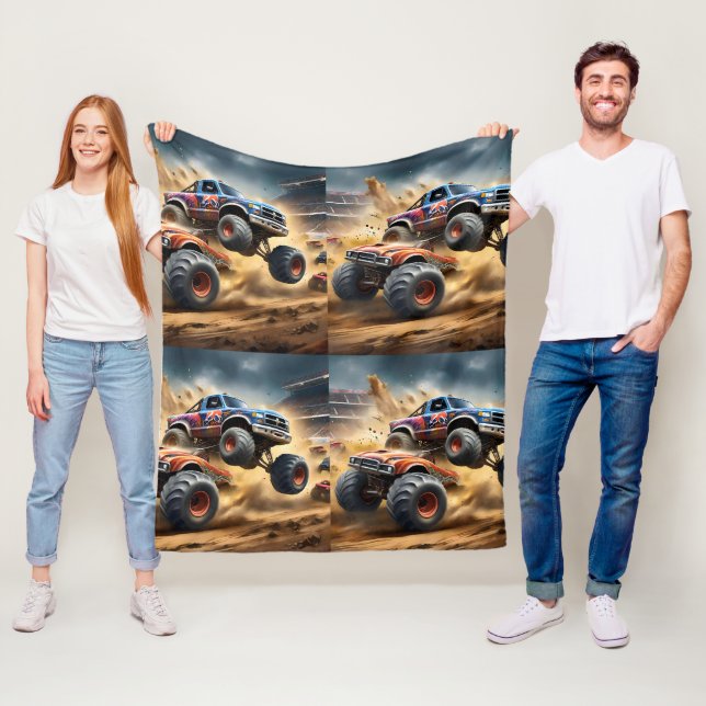 Chaos on Wheels: Monster Truck Smash Derby Fleece Blanket (In Situ)
