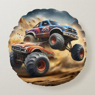 Chaos on Wheels: Monster Truck Smash Derby Round Pillow