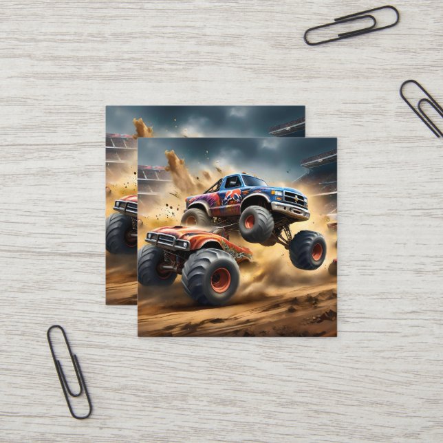 Chaos on Wheels: Monster Truck Smash Derby Square Business Card (Front/Back In Situ)
