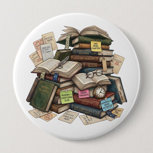 Chaotic Academia ADHD Hyperfocus Book Stack 4 Inch Round Button (Front)
