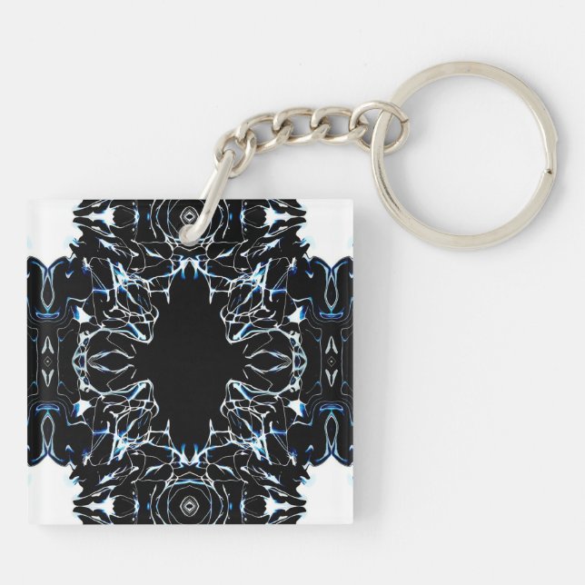 Chaotic Blue Abstract Acrylic Paint Pour Fluid Art Keychain (Back)