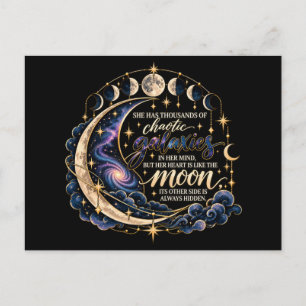 Chaotic Galaxies & Moon Phase Celestial Literary Postcard