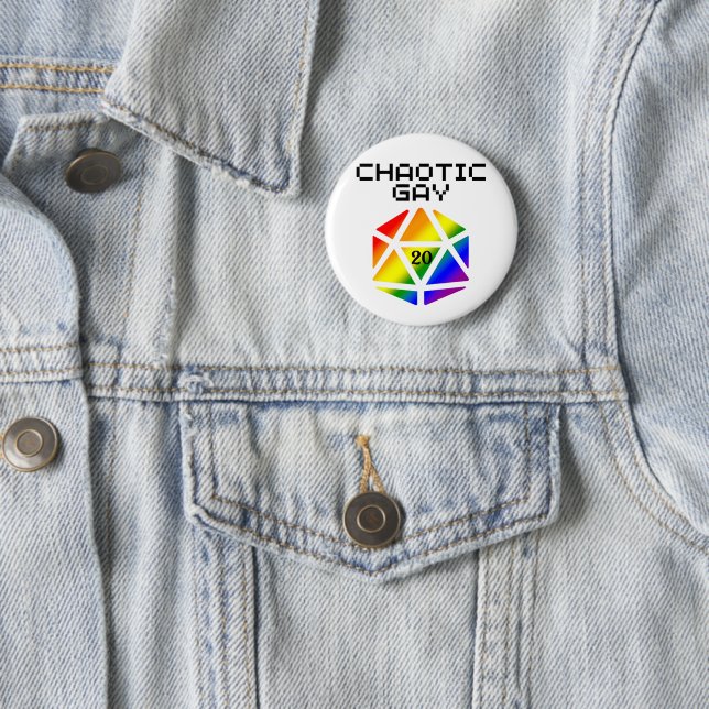 Chaotic Gay D20 – LGBTQ+ Pride DND 2 Inch Round Button (In Situ)