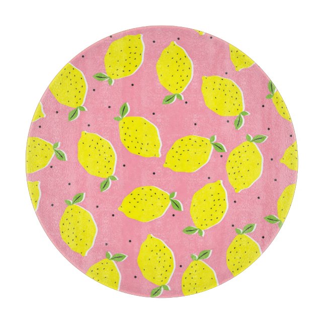 Chaotic Lemons Pink Polka: Citrus Pattern Cutting Board (Front)