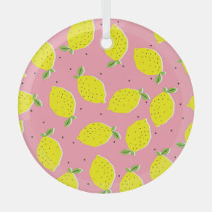 Chaotic Lemons Pink Polka: Citrus Pattern Glass Ornament