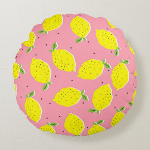 Chaotic Lemons Pink Polka: Citrus Pattern Round Pillow