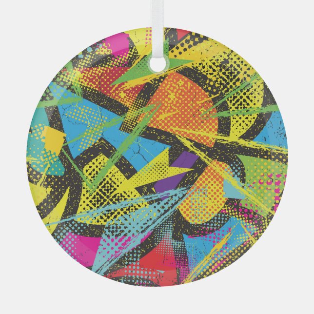 Chaotic Neon: Abstract Graffiti Pattern. Glass Ornament (Front)