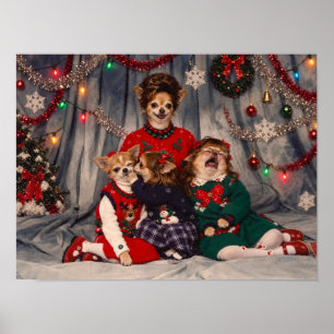 Chaotic Retro Chihuahua Christmas Family Portrait Poster