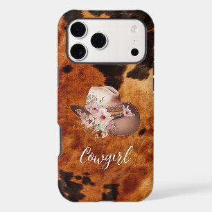 Chapeau de cowgirl floral rose imprimé vache marro