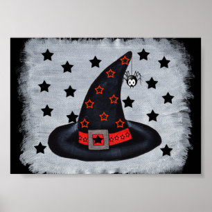 Chapeau de sorcière noir avec étoiles et affiche d