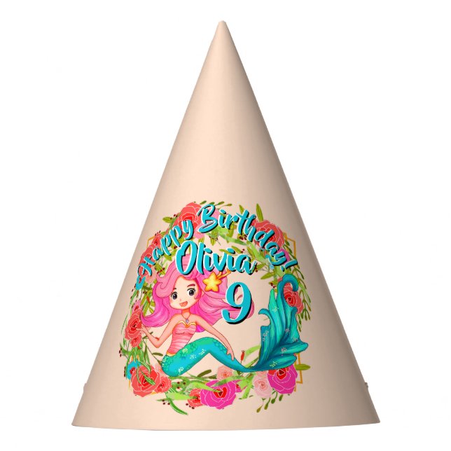 Chapeaux De Fêtes Ajouter un nom Age Rose Sirène Blue Tail Anniversa (Devant)