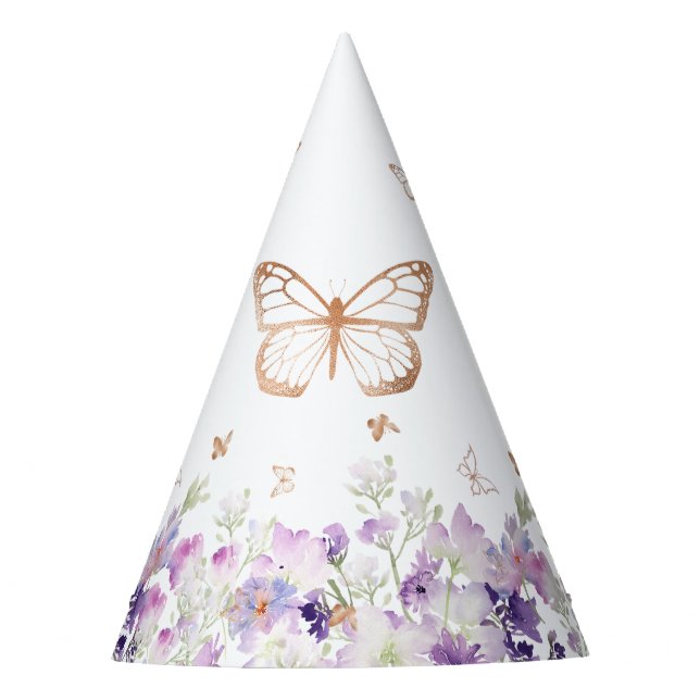 Chapeaux De Fêtes Anniversaire fleuri violet papillon d'or (Devant)