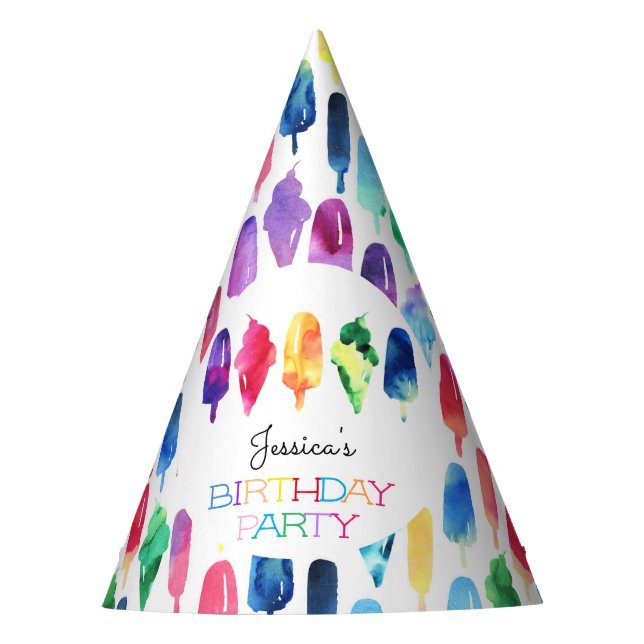 Chapeaux De Fêtes Aquarelle arc-en-ciel Crème glacée Pops Anniversai (Devant)