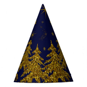 Chapeaux De Fêtes Arbre de Noël en or brillant, étoiles, neige sur