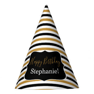 Chapeaux De Fêtes Bandes noires et or avec fête d'anniversaire blanc
