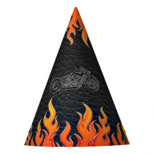Chapeaux De Fêtes Black Leather Orange Flames Motorcycle Bière Party