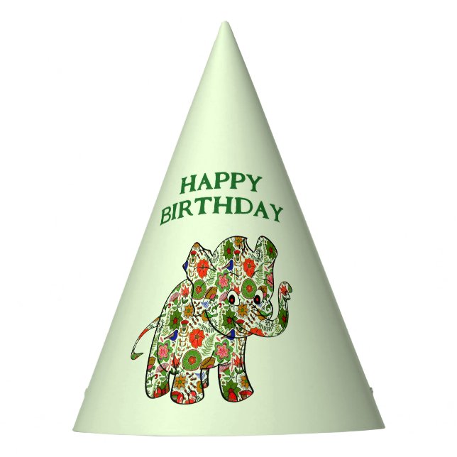 Chapeaux De Fêtes Blancs Et Eléphant Floral - Joyeux Anniversaire (Devant)