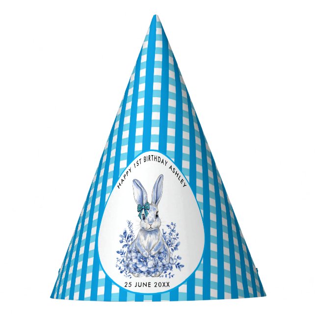 Chapeaux De Fêtes Blue Floral Rabbit 1er anniversaire pour les enfan (Devant)