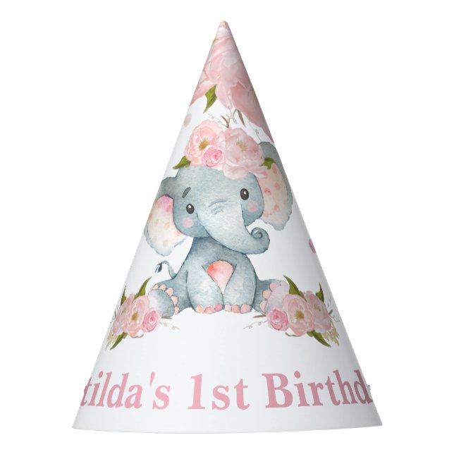 Chapeaux De Fêtes Blush rose floral mignonne bébé Eléphant 1er anniv (Devant)