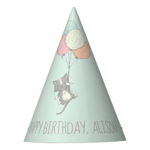 Chapeaux De Fêtes Chat gris doux avec l'anniversaire de ballons