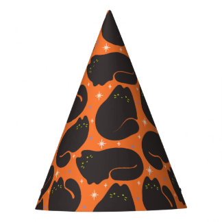 Chapeaux De Fêtes Chat noir rétro sur fond orange