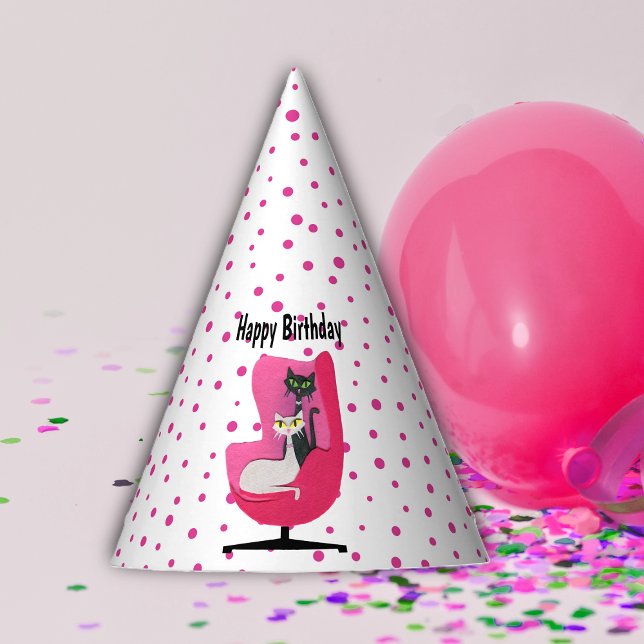 Chapeaux De Fêtes Chats du milieu du siècle Passez chaise rose Pois (Pretty mid century style cats in pink chair vibrant pink polka dots on white Birthday party hat.)