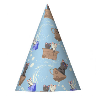 Chapeaux De Fêtes Chats en boîte et gouttes de lait sur bleu