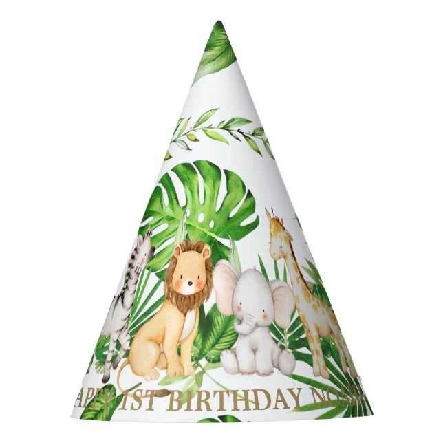 Chapeaux De Fêtes Chic Jungle Animaux Safari 1er Anniversaire Verdur (Devant)
