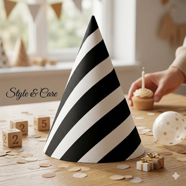 Chapeaux De Fêtes Classic Solide Blanc et Noir rayé élégant (Classic Solid White and Black Striped Stylish Party Hat)