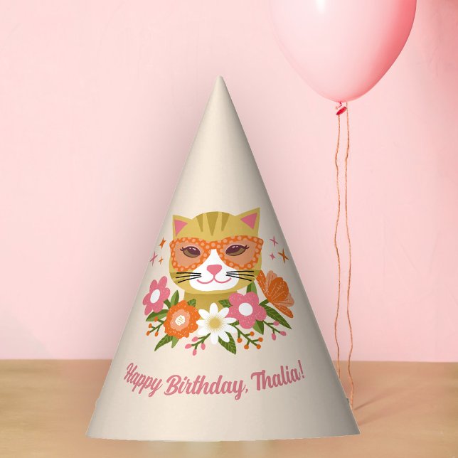 Chapeaux De Fêtes Cute Retro Floral Fille Chat Anniversaire (Créateur téléchargé)