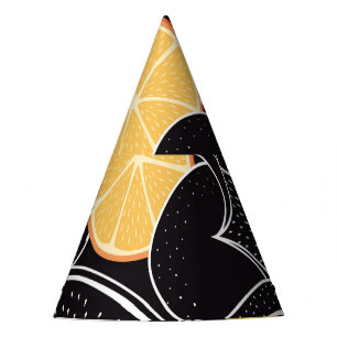 Chapeaux De Fêtes Fruits tropicaux colorés, fond noir.