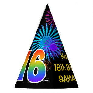 Chapeaux De Fêtes Fun Fireworks + Rainbow Motif "16" Anniversaire #