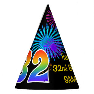 Chapeaux De Fêtes Fun Fireworks + Rainbow Motif "32" Anniversaire n