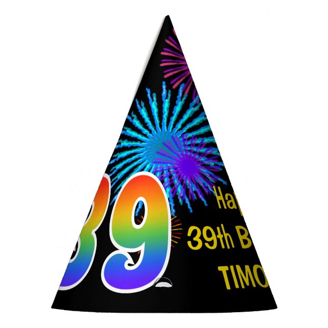 Chapeaux De Fêtes Fun Fireworks + Rainbow Motif "39" Anniversaire # (Gauche)